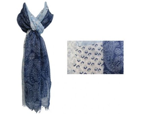 Luxurious blue paisley pattern scarf, 86cm x 192cm, soft polyester, perfect for versatile styling and year-round wear.