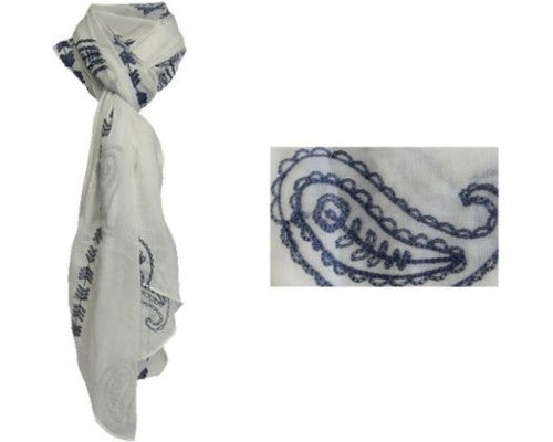 Blue and white bohemian scarf with paisley embroidery, lightweight polyester, versatile for stylish wraps or neckwear.