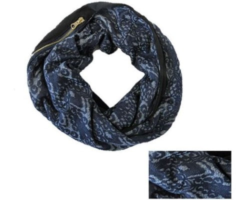 Navy-blue lacy snood with floral pattern, 76cm x 23cm, soft polyester, includes zip bag for easy storage.