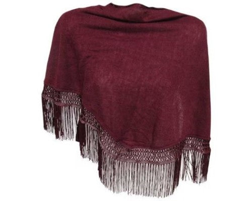 Luxurious soft crimson wrap scarf with tassels, 100% acrylic, perfect for year-round style and warmth.
