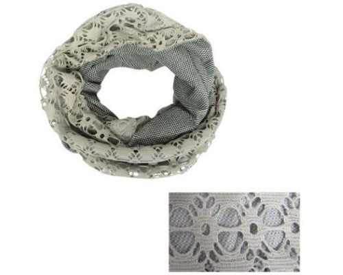 Elegant silver lace snood with herringbone pattern, versatile for neck, head, or shawl, crafted from 100% polyester.