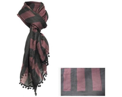 Elegant black and red wine striped scarf with tassels, made of soft polyester, perfect for stylish layering.