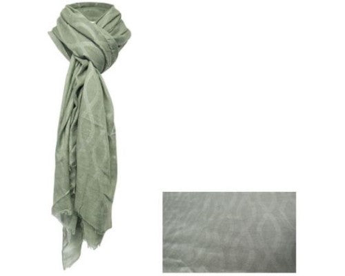 Lightweight green scarf with silver swirls and sparkles, featuring frayed edges, measuring 182 cm x 96 cm.