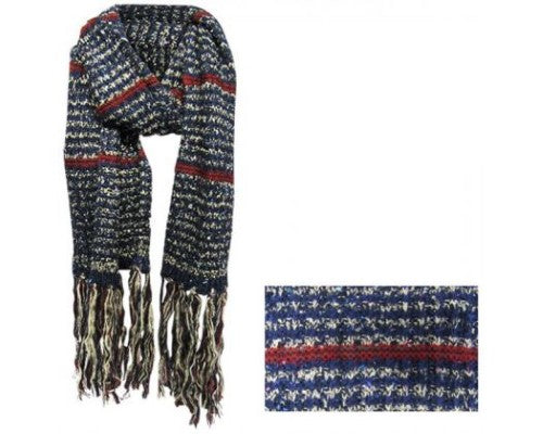 Large winter-weight blue and red scarf with tassels, crafted from soft acrylic for warmth and style.