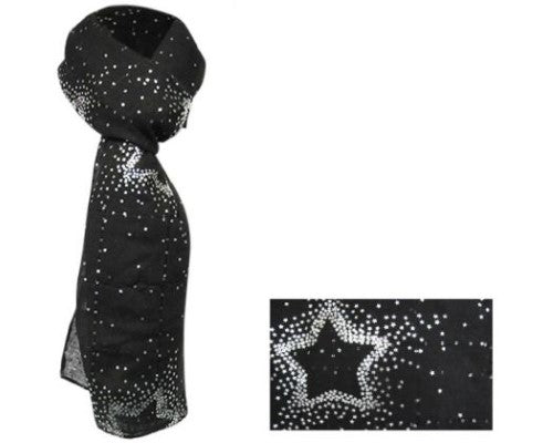 Elegant black scarf with shimmering silver stars, perfect for versatile styling and seasonal wear.