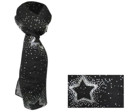 Elegant black scarf with shimmering silver stars, perfect for versatile styling and seasonal wear.