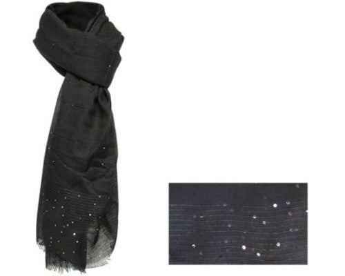 Elegant black sparkle scarf with frayed edges, 88 cm x 188 cm, made of soft, durable 100% polyester.