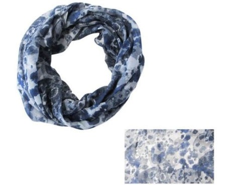 Stylish blue floral snood in 100% polyester, perfect for draping, wrapping, and layering for year-round elegance.