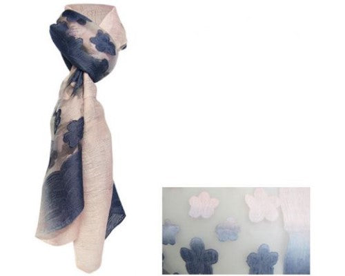 Lightweight floral sheer scarf in lavender and pink, 67 cm x 180 cm, perfect for versatile styling in any season.