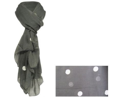 Elegant pewter scarf with playful dots, made from cotton and linen blend, perfect for versatile styling and cozy warmth.