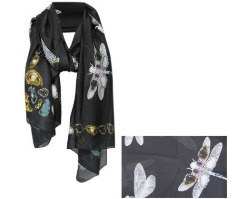 Chic Dragonfly on Black Scarf, 90x180 cm, 100% polyester, versatile accessory for any occasion.