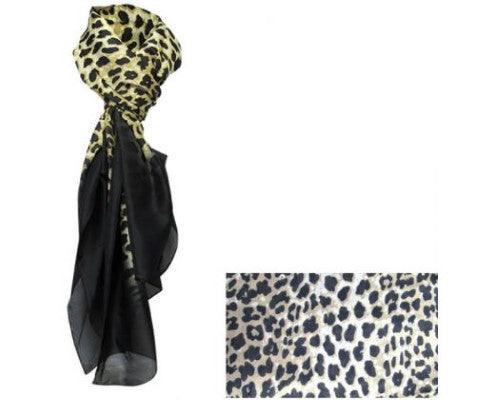 Chic leopard print scarf on black, crafted from soft imitation silk for versatile styling and seasonal wear.