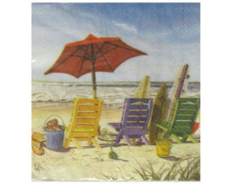 Colorful beach scene cocktail napkins, perfect for summer gatherings and enhancing table decor, 20-pack, 25x25 cm.