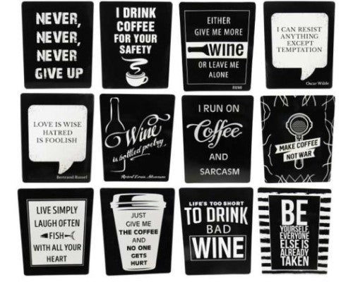 Set of 17 black and white fridge magnets with coffee-themed quotes, perfect for adding charm to your kitchen decor.