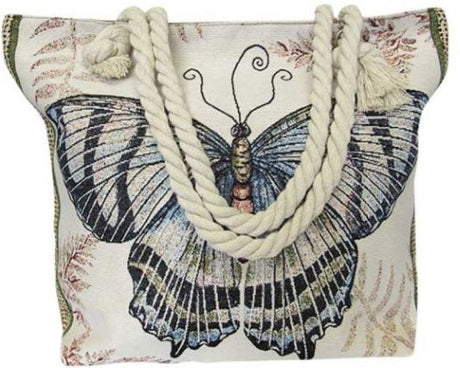 Elegant blue butterflies adorn this spacious tote bag, perfect for beach trips or shopping outings.