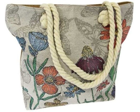 Stylish Rope Tote Bag with vibrant floral design, spacious zipped compartments for organization, perfect for beach or shopping.