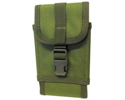 Camo Green mobile pouch for phones up to 6.5 inches, featuring belt loops and a carabiner clip for secure carrying.