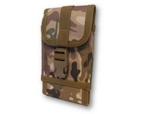 Camo UK mobile pouch with secure storage for phones and essentials, featuring belt loops and a carabiner ring.