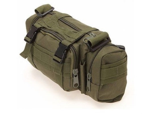 Camo green utility bag with double zips, ideal for travel, attaching to backpacks or bikes, measuring 38L x 10W x 19H CM.