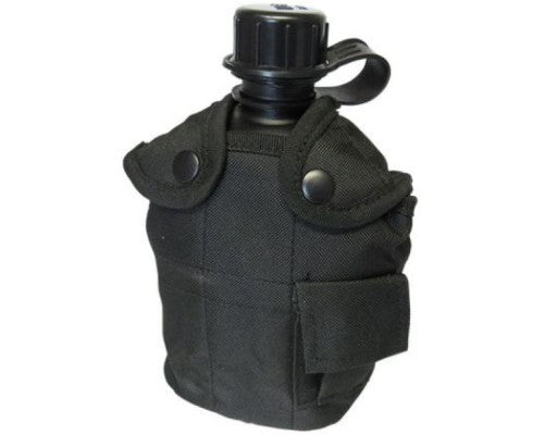 Durable 1L camo flask with insulated cover, aluminum cup, and belt clip for outdoor adventures.