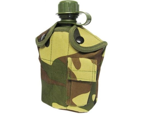 Durable 1 litre camo flask with aluminum cup, insulated cover, and convenient belt clip for outdoor hydration.