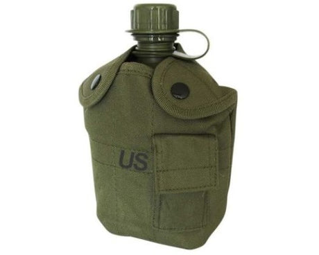 Durable 1-litre green plastic flask with insulated cover, aluminum cup, and belt clip for easy outdoor hydration.