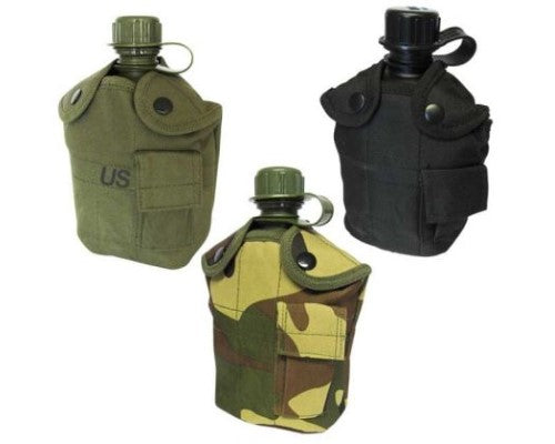 Set of three 1-litre plastic flasks with aluminium cups, insulated covers, and belt clips for easy carrying.