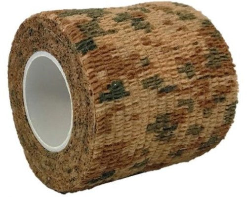 Camo Desert Bandage Tape roll showcasing camouflage design, measuring 4.5m x 5cm, ideal for first aid and outdoor use.