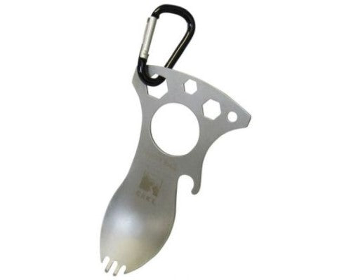 Silver camping multi-tool with spoon, fork, bottle opener, and wrench, featuring a carabiner for easy attachment.