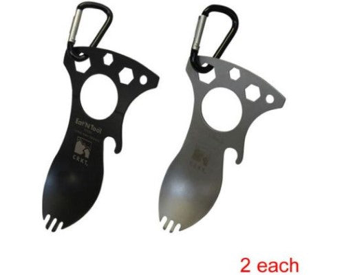 Compact camping multi-tool with spoon, fork, opener, screwdriver, and wrench; includes carabiner for easy attachment.