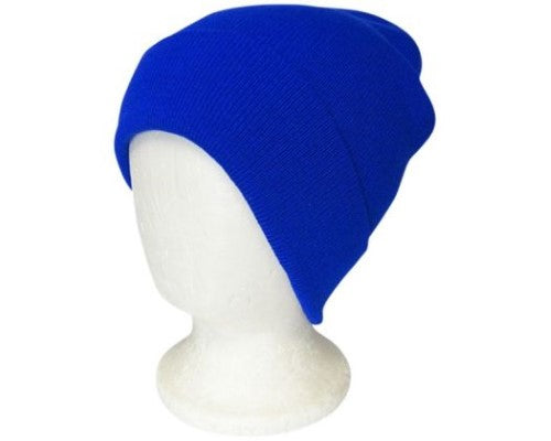 Cozy blue beanie with double-layered knit, ribbed design, and a snug fit for all ages, perfect for winter warmth.