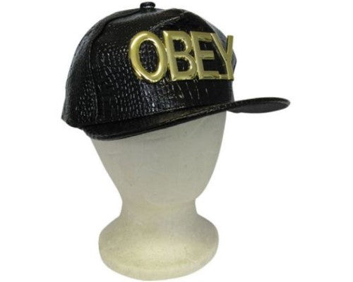 Bling Obey Black cap with flat peak, adjustable size, and vibrant design for trendy casual style.