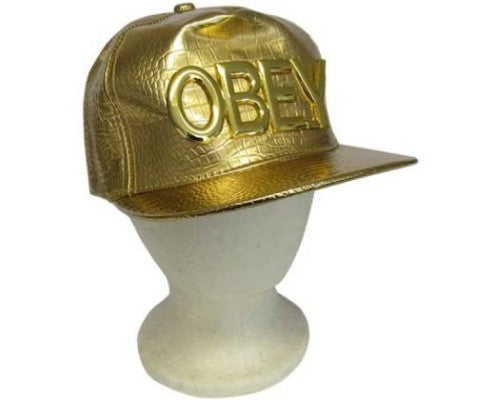 Vibrant Bling Obey Gold cap with flat peak, adjustable fit, and striking golden embellishments for a stylish look.