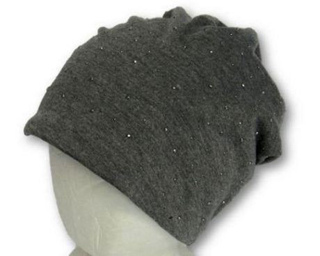 Gray Sparkle Beanie, featuring soft knitted fabric and shimmering threads, perfect for winter style and warmth.