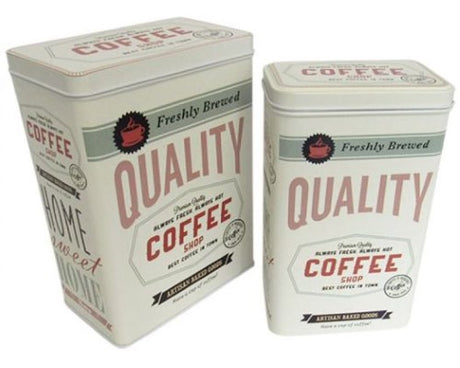 Set of 2 elegant retro coffee tins, one large (20 cm tall) and one small (9 cm tall) with classic coffee message.
