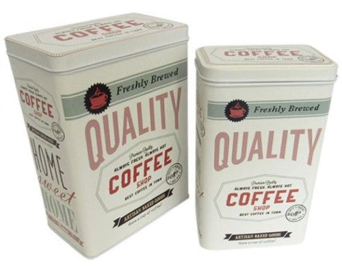 Set of 2 elegant retro coffee tins, one large (20 cm tall) and one small (9 cm tall) with classic coffee message.
