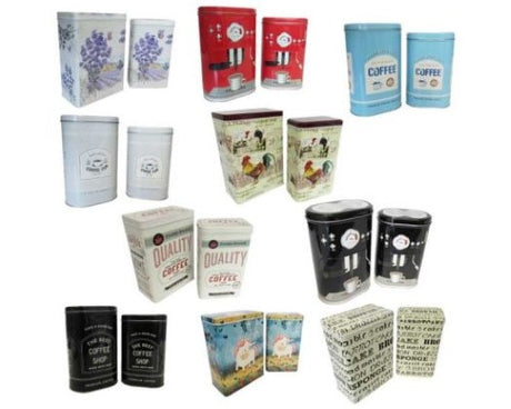 Elegant retro coffee tin set featuring Parisian themes and cheeky messages, perfect for stylish storage.