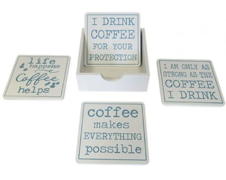 Set of 4 coffee-themed coasters with holder, protecting surfaces stylishly and adding charm to coffee moments.