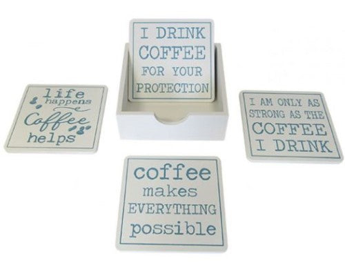 Set of 4 coffee-themed coasters with holder, protecting surfaces stylishly and adding charm to coffee moments.