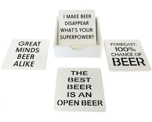 Set of four beer and wine-themed coasters in a holder, crafted from sealed MDF, measuring 9.7 cm square.