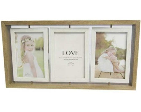 Elegant Beech Tones Triple Photo Frame with three white frames, rotating to showcase 4x6 photos in dark MDF wood.