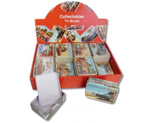 Set of 16 practical tins featuring classic car designs for storing small items, perfect for a man cave.