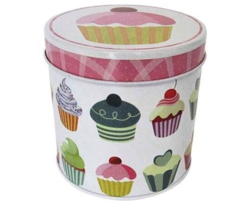 Round tin perfect for storing sweets, biscuits, and small items, measuring 8.5 cm tall and wide.