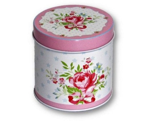 Round pink tin for storage, 8.5 cm tall, perfect for sweets, biscuits, and small items.
