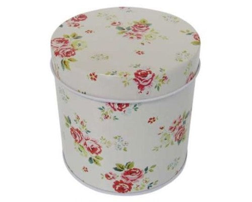 Round pink roses tin, 8.5 cm tall, perfect for storing sweets, biscuits, and small items.