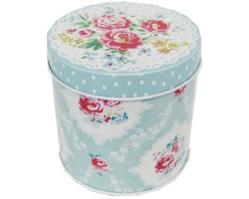 Round tin with a rose bush design, versatile for storage of sweets, biscuits, or small items, measuring 8.5 cm tall.