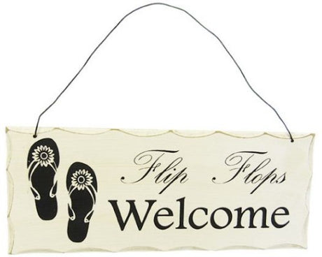 Colorful MDF wall art sign with flip flops, welcoming beach vibes, measuring 25 cm x 10 cm with a metal hanger.