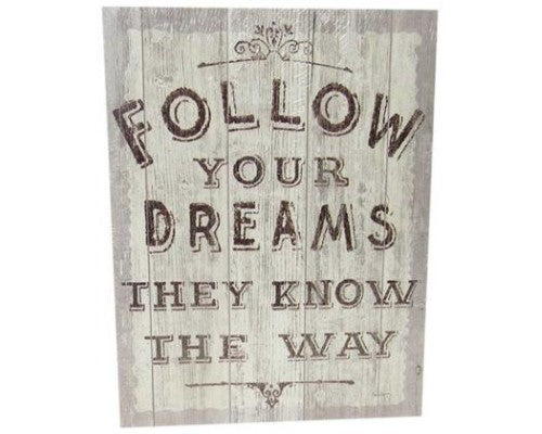 Textured wall art featuring the inspiring message 'Follow your dreams' in elegant design, perfect for home decor.