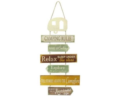 MDF Camping Rules Hanger with rope, 70 x 35 cm, perfect for outdoor decor in a bach, caravan, or home.