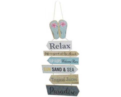 Large beach relax hanger sign made of MDF with rope, perfect for coastal-themed decor, measuring 76.5 x 35 cm.